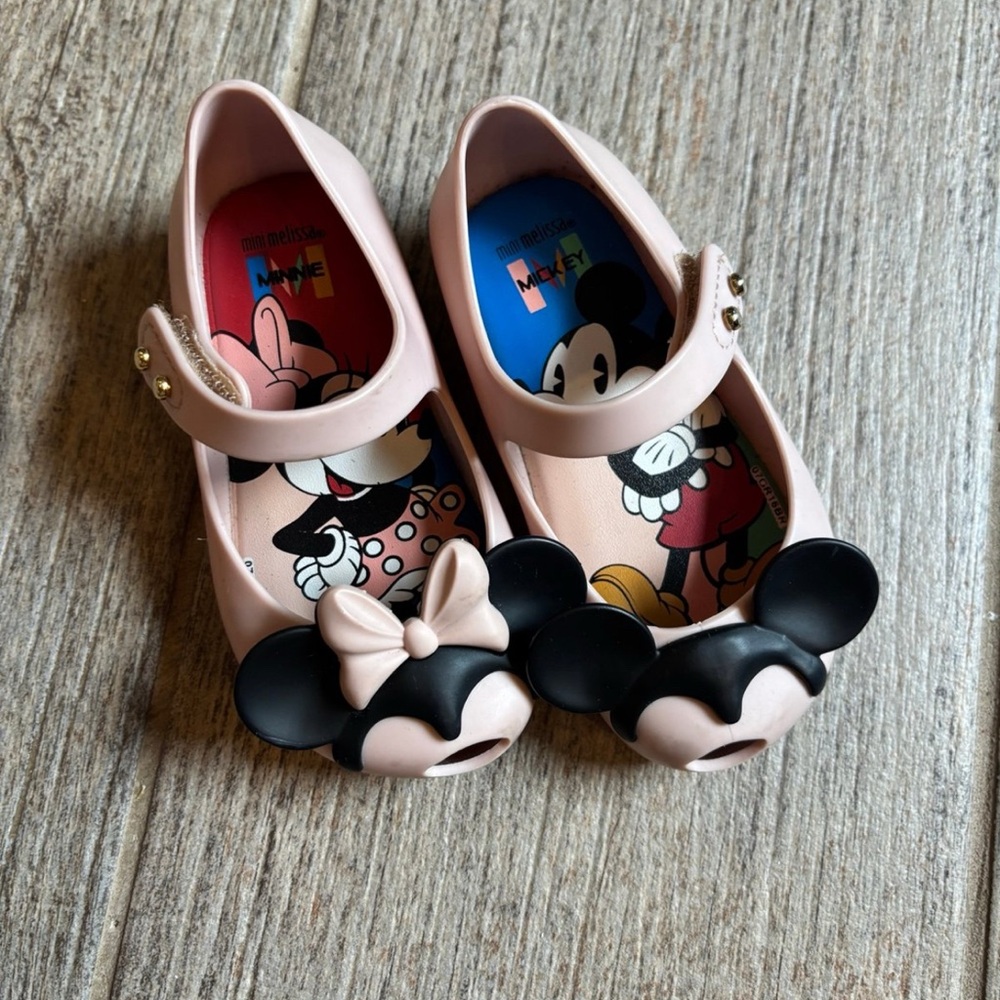 Mini Melissa Minnie & Mickey Mary Jane Rubber Shoes with Velcro Girls Size 6 - Picture 2 of 6